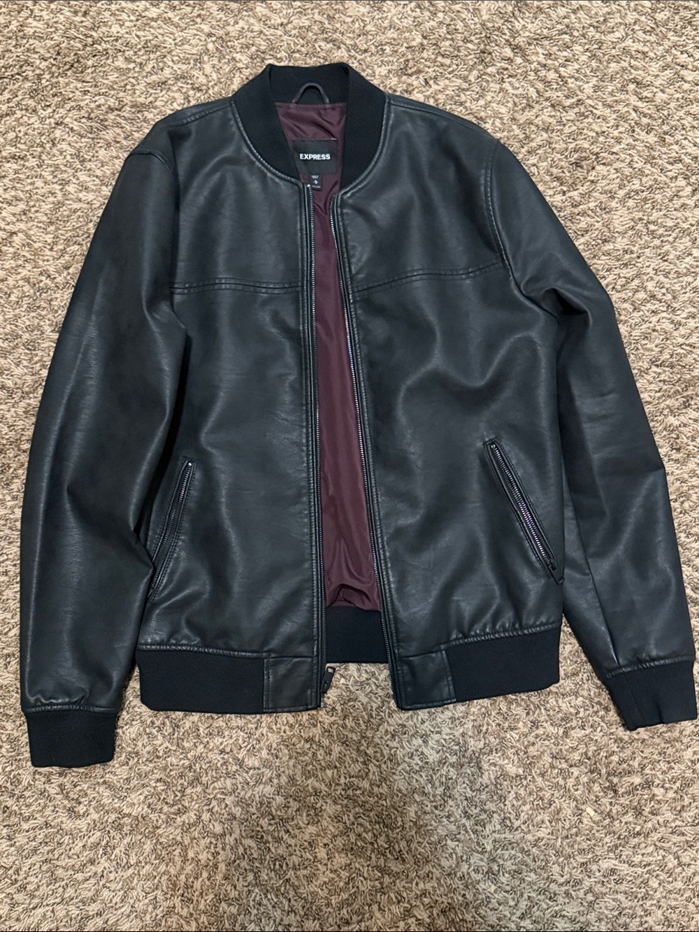 Express Black Faux Leather Bomber Jacket with Burgundy Lining